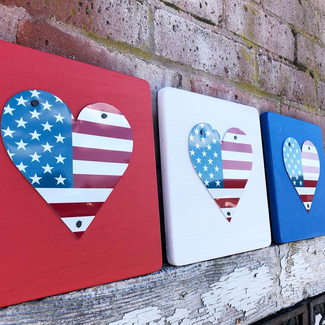 SET OF 3 U.S. FLAG HEARTS  Recycled License Plate Art - Unique Pl8z