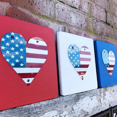SET OF 3 U.S. FLAG HEARTS  Recycled License Plate Art - Unique Pl8z