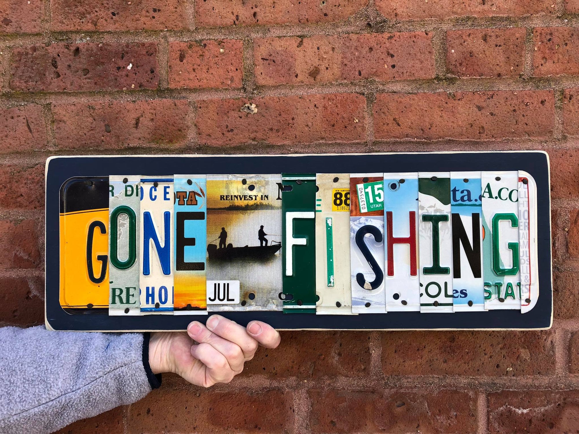 Gone Fishing License Plate Tag Strip Novelty Wood Sign WS-038